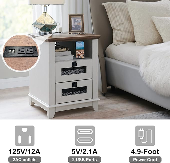 Nightstand with Charging Station,OKD 18'' Industrial & Farmhouse Square End Table w/ 2 Drawers & Open Cubby, Rustic Mesh Drawer Sofa Side Table w/Storage for Bedroom, Living Room Office, Antique White
