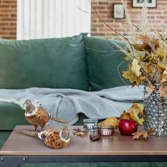 Nature Vibe Feathered Pheasant Decor Set of 2,Simulation Woodland Animals Figurines with Natural Pheasant Feathers as Fall Home Decor or Gifts for Autumn Harvest Festival