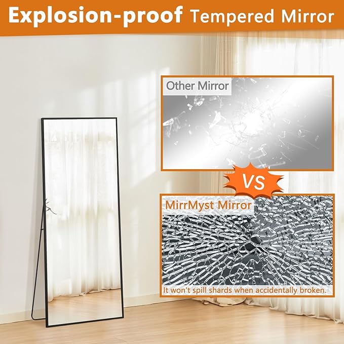 56"x18" Full Length Mirror, Free Standing Mirror Full Length Made of Tempered Glass, Black Floor Mirror for Bedroom Living Room Gym Dorm