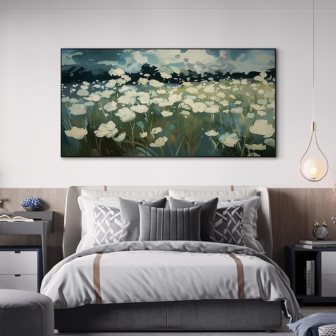 SIGNWIN 36"x72" Extra Large Framed Wall Art White Wildflower Field in Impressionist Style, Soft Floral Landscape for Home Living Room Bedroom Decor (Frame Assembly Required)