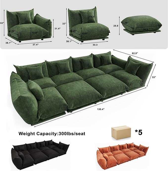 Modern Minimalist Chenille Modular Sectional Sofa, Oversized 8-Seater Sleeper Sofa with Movable Ottoman, Thick Cushions, Upholstered Couch for Living Room, Bedroom, Office, Apartment(Green,8-Seater)