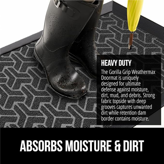 GORILLA GRIP 100% Waterproof All-Season WeatherMax Doormat, 72x24, US Designed Natural Rubber, Stain and Fade Resistant, Low Profile Indoor Outdoor Door Mats, Easy Clean Patio Mat, Slate Geometric