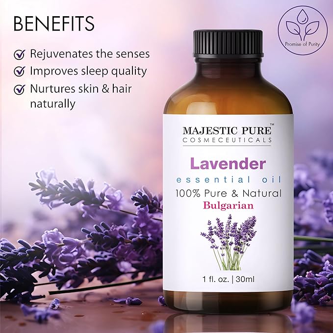 Majestic Pure Lavender Essential Oil with Glass Dropper - 1 Fl Oz - 100% Pure and Natural Lavender Oil - Premium Grade Essential Oils for Diffuser, Aromatherapy, Soap and Candle Making