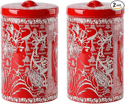 Porlien Lady Porcelain 15-ounce Canisters Set of 2, Food Storage Containers with Lid for Coffee Beans, Tea, Condiments & Nuts, Gifts for Mothers'Day, Thanksgiving, Christmas, Valentine’s Day