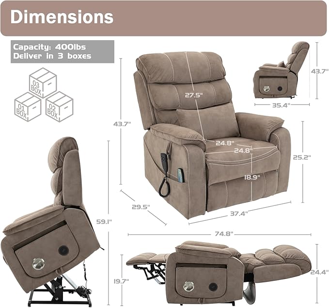 Power Lift Recliner Chair for Adults Elderly Lay Flat Velvet Recliners with Massage Heating, Extended Footrest, Wireless Charging Device, USB Ports, Cup Holder, Lumbar Pillow