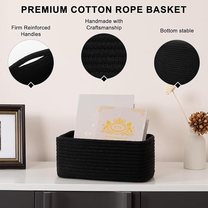 4 Pack Small Storage Shelf Baskets for Organizing, Mini Woven Rope Storage Bins for Towels, Cute Decorative Closet Organizer,Baby Nursery, Gift Empty Baskets -11.81''Lx7.87''Wx4.72''H-Black
