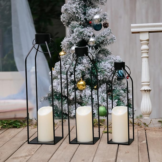 HPC Decor 22'' 19'' 16'' Lanterns Decorative w/Flickering Timer Candles- Tall Large Black Metal Candle Lanterns Set of 3- Modern Farmhouse Decor for Indoor,Outdoor,Tabletop,Porch (No Glass)