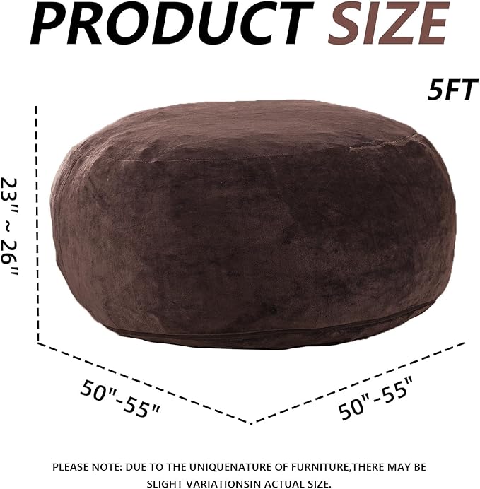 5FT,Big Bean Bag Chairs for Adults,Large beanbag with Filler Included,Memory Foam Material,Easy to Clean and Washable Corduroy Fabric,Suitable for Living Room and Bedroom (Brown, 5 Foot)