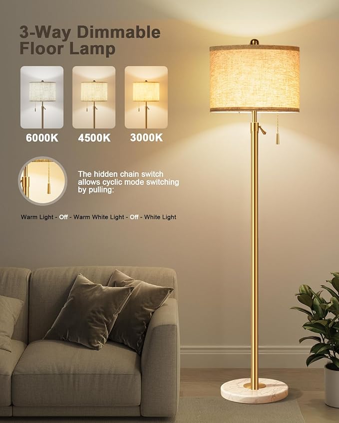 Modern Gold Floor Lamp for Living Room - Adjustable Height Standing Lamp with Marble Base & Linen Shade, 3-Way Dimmable Tall Floor Light for Bedroom, Reading, Bulb Included