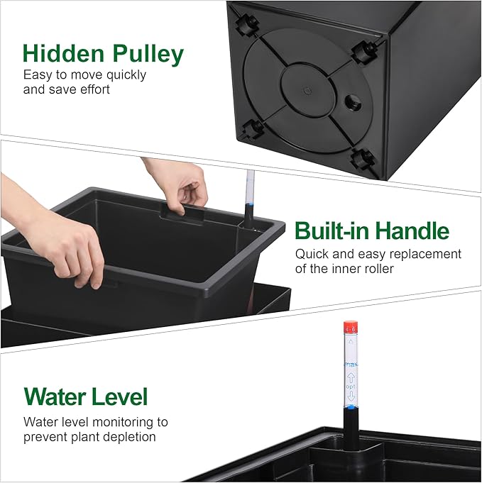 30" Tall Planters Set of 2, Outdoor&Indoor Black Planter Pots, High Front Porch Planter Pots with Drainage Holes&Water Level Monitor Movable Wheels &Inner Bucket, Automatic Watering,Black