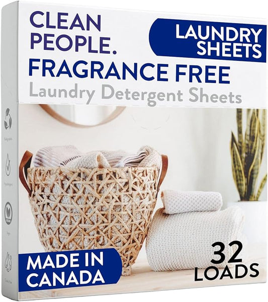 The Clean People Fragrance Free Laundry Detergent Sheets - Laundry Soap - Ultra Concentrated, Recyclable Packaging, Stain Fighting - Fragrance Free, 32 Pack