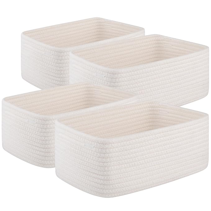 4 Pack Small Storage Shelf Baskets for Organizing, Mini Woven Rope Storage Bins for Towels, Cute Decorative Closet Organizer,Baby Nursery, Gift Empty Baskets -11.81''Lx7.87''Wx4.72''H-White