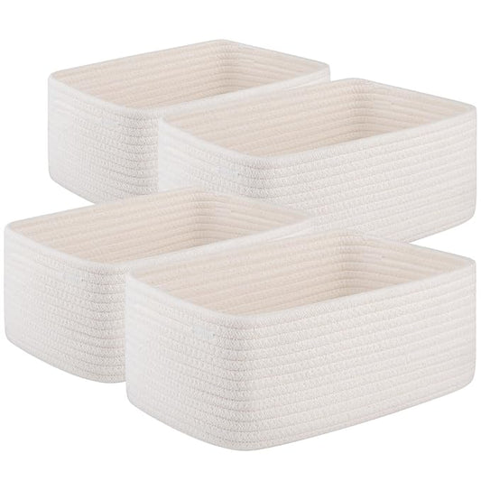 4 Pack Small Storage Shelf Baskets for Organizing, Mini Woven Rope Storage Bins for Towels, Cute Decorative Closet Organizer,Baby Nursery, Gift Empty Baskets -11.81''Lx7.87''Wx4.72''H-White