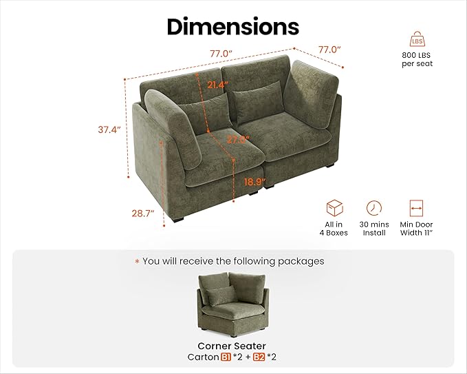 Oversized Modular Sofa, Extra Deep Cloud Chenille Sectional Couch with Ottoman Chaise, Fluffy Chenille 2 Seater Sofa Bed for Living Room, Villa (Loveseat Sofa, Chenille Green)
