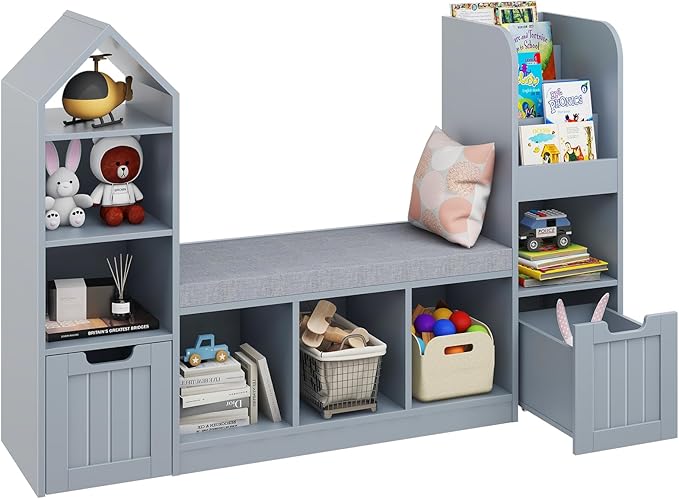 Vabches Toy Storage Organizer for Kids Bookshelf with Reading Nook, Multifunctional Bookcase with 7 Storage Cubbies, 2 Movable Drawers and Seat Cushion for Keeping Kids' Toys Books Organized, Grey