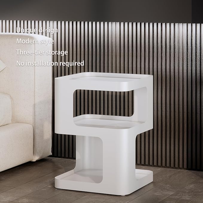 Modern Side Table,White end Table,Unique nightstand,Bedside Table,Metal 3-Tier Night Stand with Storage,Accent Side Table for Couch,Bedroom,Living Room.No Assembly Required.
