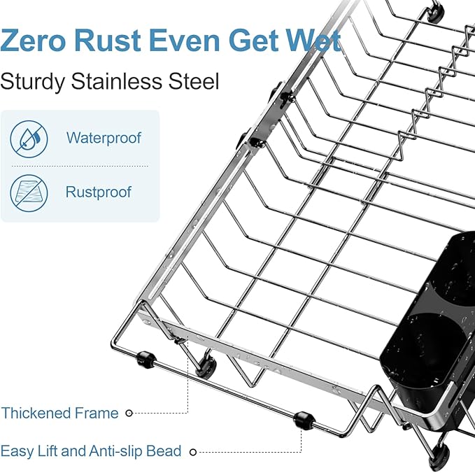GSlife in Sink Dish Drying Rack - Stainless Steel Capacity Expandable Over The Sink Dish Drainer with Lock Knob and Utensil Holder for Kitchen Sink, 10.8"-17.9" L x 12.8" W, Silver