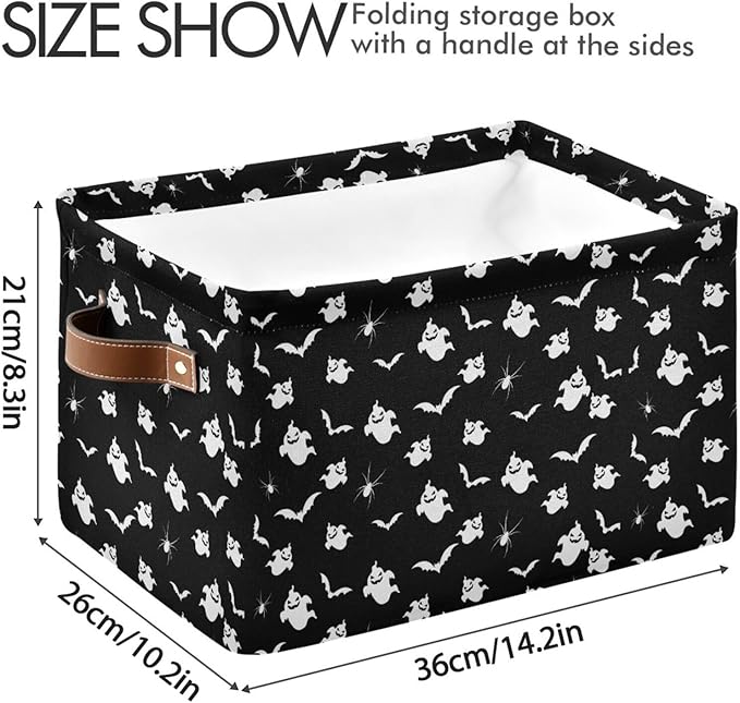 Storage Basket Bin Halloween Ghost and Bat Organizer Basket Collapsible Shelf Basket Cube with handle for Nursery Bedroom Bathroom (white 26)