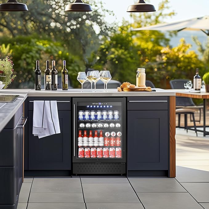 Tylza Beverage Refrigerator 24 Inch, Under Counter/Freestanding Drink Fridge, 190 Cans Beverage Cooler with Glass Door, Reversible Door, Low Noise, Quick Cooling - for Beer, Soda, ETC, Black