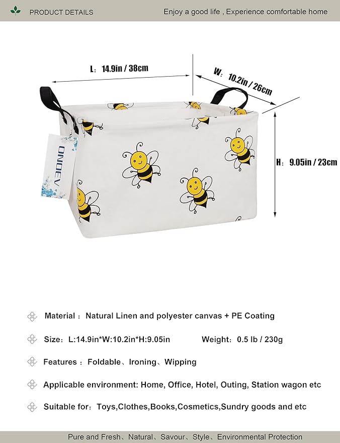 Rectangular Folding Laundry Basket, waterproof Canvas Basket,gift basket,Suitable for children's room,Office,Clothes,Toys Storage(Bee)