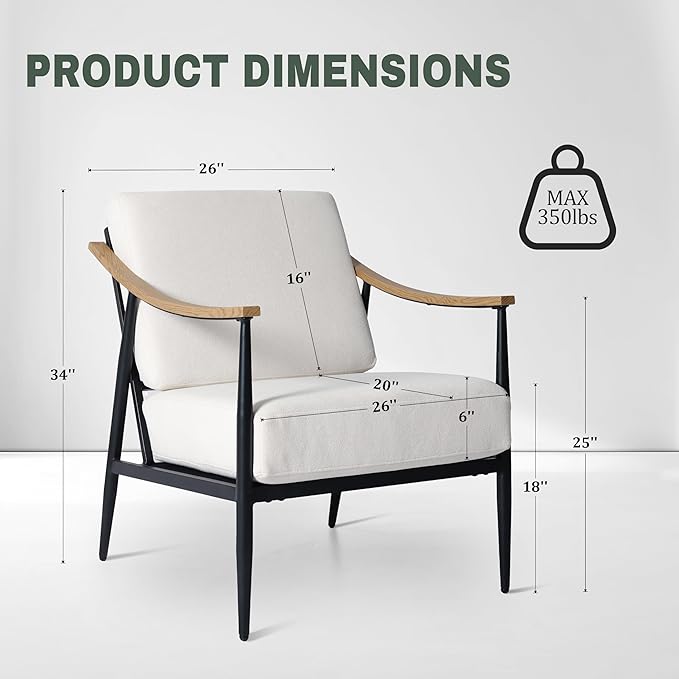 Modern Accent Chair for Living Room Bedroom Mid Century Arm Chair Upholstered Office Accent Chair Comfy Waiting Room Chair with Metal Frame, Cream White