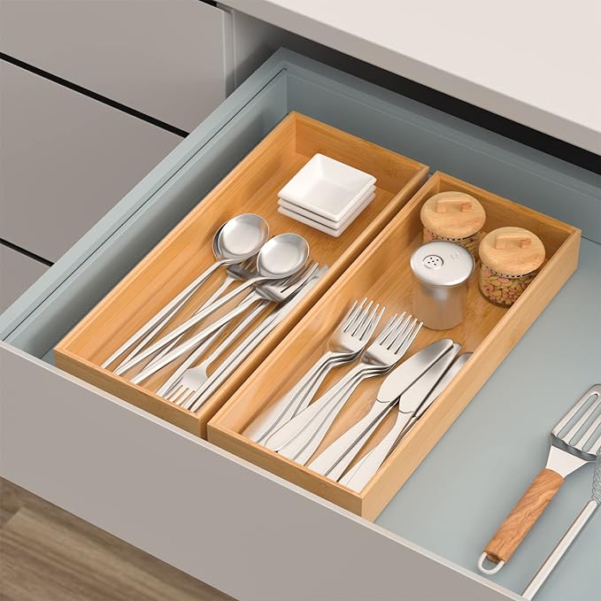 Bamboo Drawer Organizer, Stackable Utensil Organizer for Kitchen, Bamboo Storage Box Wood Silverware Tray for Drawer 15" x 6" x 2" Set of 2