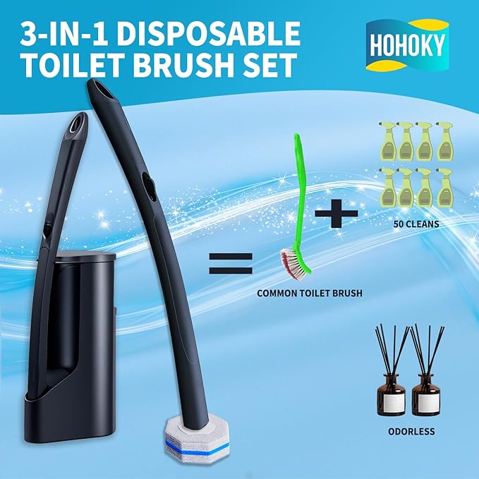 Disposable Toilet Brush with 50 Wand Cleaner Refills Pads,Wall Mounted Toilet Bowl Holder Set,Toilet Cleaning System Starter Kit,Bathroom Cleaning System for Sink Bathtub Wash Basin
