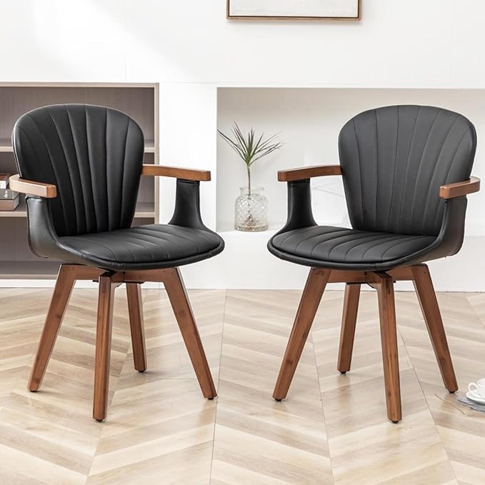 LUNLING Swivel Dining Room Chairs Set of 2, Mid Century Modern Black Faux Leather Kitchen Chairs with Arms,Bamboo Legs Side Chairs No Wheels,Accent Chair for Dining Rooms and Offices