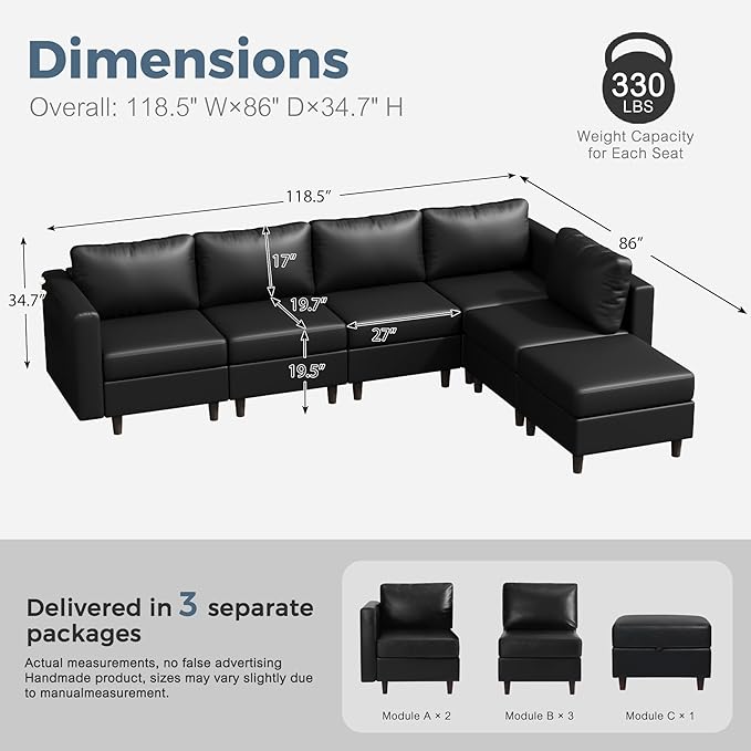 118.5" Faux Leather Modular Sectional Sofa, L Shaped Couch Set for Living Room, 6-Seater Comfy Cloud Couches with Movable Storage Ottoman Black
