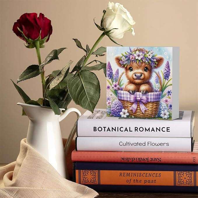 Highland Cow Hyacinth Flowers Decor, Highland Cow Bathroom Decor, Highland Cow Baby Decor, Highland Cow Nursery Decor, Wooden Box Decor Sign for Home Farmhouse Office Living Room Table Shelf Tiered