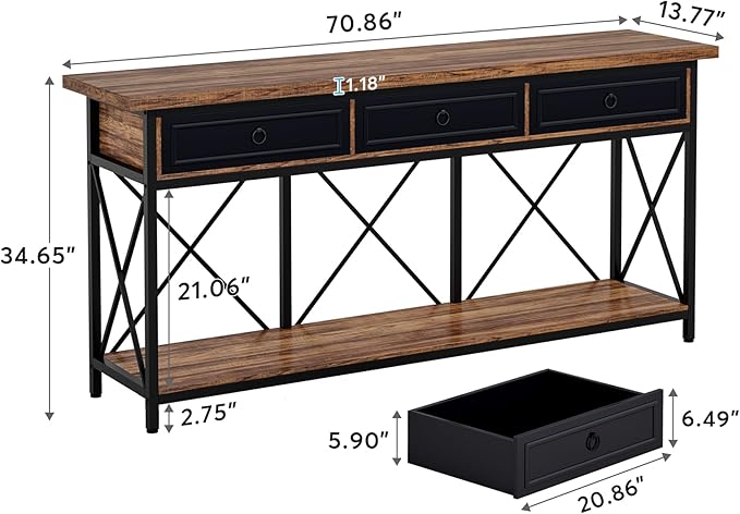 Tribesigns 70.8" Console Table with 3 Drawers, Farmhouse Entryway Table with Storage Shelf, Narrow Long Sofa Foyer Table for Entryway, Hallway (Brown/Black)