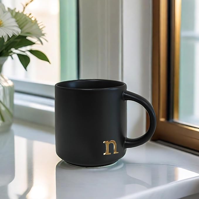 COLLECTIVE HOME - Black Monogram Ceramic Mugs, 15 oz Golden Initial Coffee Cups, Elegant Alphabet Tea Mugs, Personalized Halloween Mug with Gift Box, Perfect for Office and Home Décor (n)