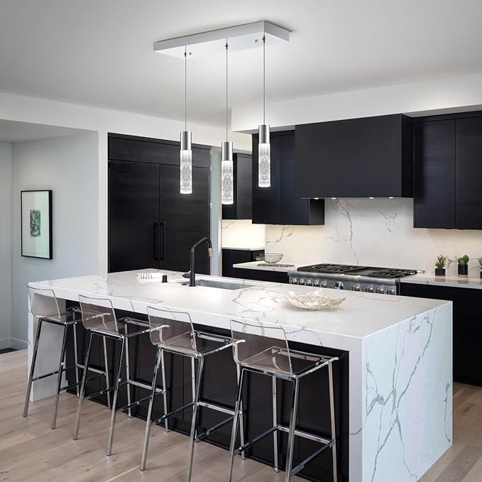OKELI 3-Light Dimmable LED Pendant Lighting for Kitchen Island, 18W 1350LM Modern Crystal Bubble Island Light Fixture, 6000K Cool White, Adjustable Electro-Chrome Fixture, Easy Install, Square