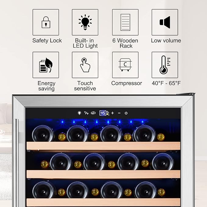 Tylza 24 Inch Wine Cooler Refrigerator, 51 Bottle Built-in or Freestanding, 24'' Fridge with Stainless Steel & Double Layer Tempered Glass Door and Temperature Memory Function