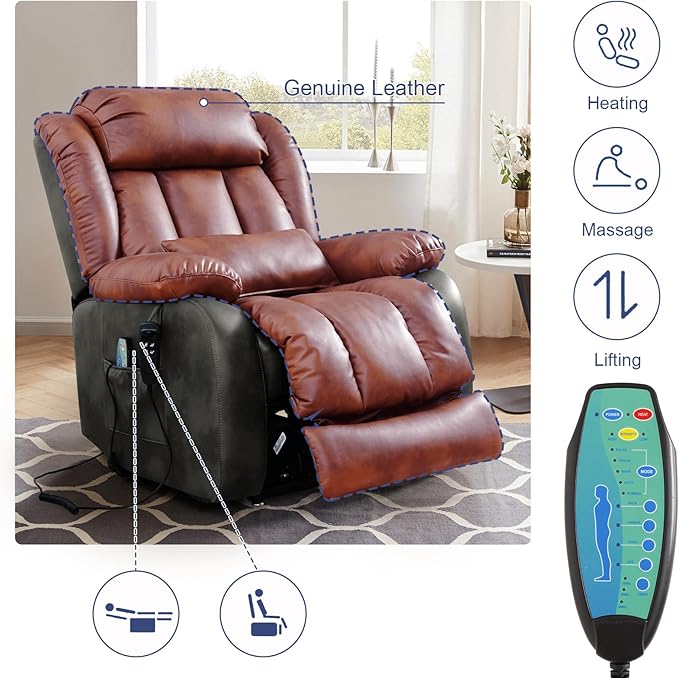MAEVIS Large Genuine Leather Power Lift Recliner Chair, Dual Motor Recliner for Elderly,Extended Footrest and Lumbar Pillow for Tall Man,with Heat and Massage, USB and Type-C Ports(Silver Gray)
