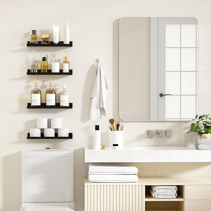 4 Pack Floating Shelves for Wall Storage, Metal Black Hanging Shelves for Living Room/Kitchen/Bedroom/Bathroom Decor, Set of 4 Organizer for Display, Perfume & Book Shelf Wall Mounted