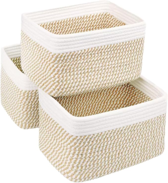 Small Cotton Rope Storage Basket Set of 3-11"x7"x7" Perfect Woven Baskets for Storage, Ideal Storage Baskets for Organizing Toys, Towels, and More - Baskets for Shelves(White & Mixed Camel)