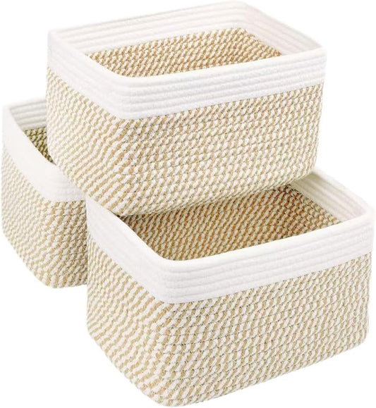 Small Cotton Rope Storage Basket Set of 3-11"x7"x7" Perfect Woven Baskets for Storage, Ideal Storage Baskets for Organizing Toys, Towels, and More - Baskets for Shelves(White & Mixed Camel)