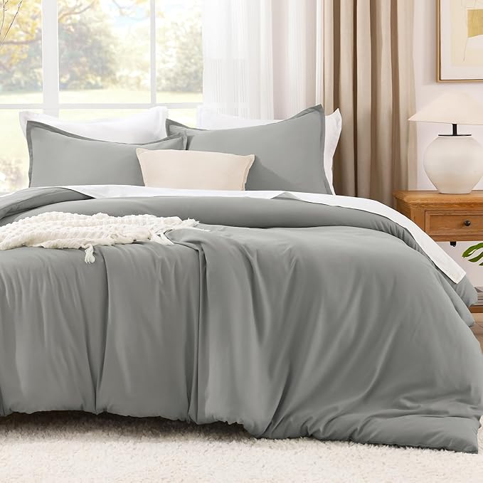 Litanika Comforters Medium Gray King Size, 3 Pieces Lightweight Solid Bedding Set & Collections, All Season Fluffy Bed Set (104x90In Comforter & 2 Pillowcases)