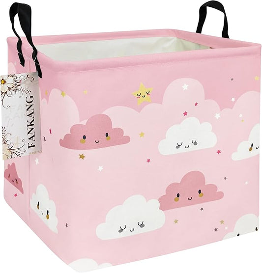 FANKANG Square Nursery Hamper Storage Bins Canvas Laundry Basket Foldable with Waterproof PE Coating Storage Baskets Gift Baskets for Children, Office, Bedroom, Clothes(Square-pink cloud )