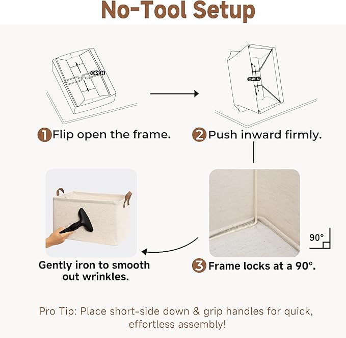 StorageWorks Storage Bins, Shelves Baskets for Organizing, Large Fabric Closet Organizers with Handles, Metal Frame, Beige(Cotton-linen), 2-Pack