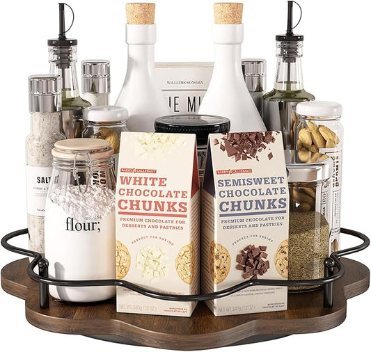 12" Lazy Susan Turntable Organizer,Round Wooden Lazy Susan Organization and Rotating Spice Rack for Dining Table,Pantry,Kitchen Countertop,Vanity,Cupboard and More.Vintage Wood(Petal Shape)