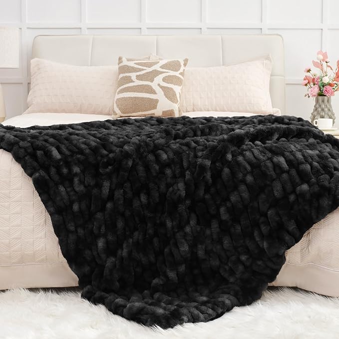 Ultra Soft Luxury Faux Fur Throw Blanket for Counch,Fuzzy Fluffy Plush Warm Cozy Elegant Wrinkled Blanket for Sofa Bedroom Living Room,(50"x60",Tie-dye Black)