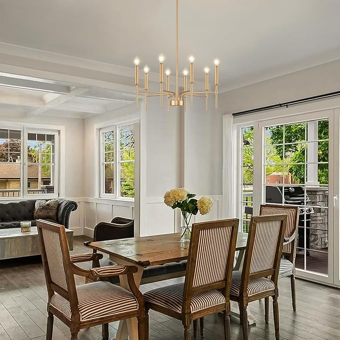 8 Light Gold Chandelier Light Fixture, Modern Farmhouse Chandeliers for Dining Room Light Fixture, Metal Candle Pendant Chandelier for Foyer Entryway Stairs Living Room Bedroom Kitchen