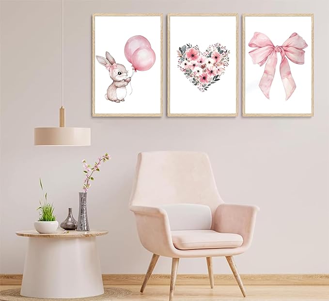 3Pcs Cute Bunny Canvas Wall Art Pink Bow Easter Poster Prints Love Wildflowers Picture Decoration for Nursery Girl Bedroom Children's Room Easter Gifts for Kids Unframed