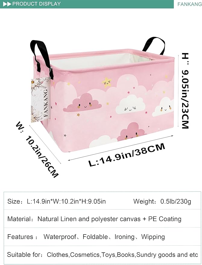 FANKANG Storage Bins, Nursery Hamper Canvas Laundry Basket Foldable with Waterproof PE Coating Large Storage Baskets for Kids Boys and Girls, Office, Bedroom, Clothes,Toys(Rec-pink cloud )