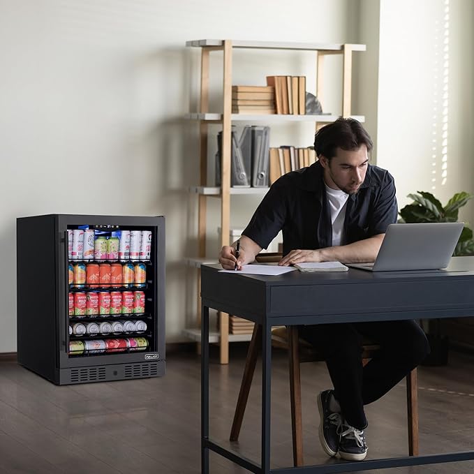 Newair 24" Beverage Refrigerator 177 Can Capacity, Black Stainless Steel Mini Fridge with Built-in Cooler and Glass Door, Cool your Soda, Beer, and Beverages to 37F