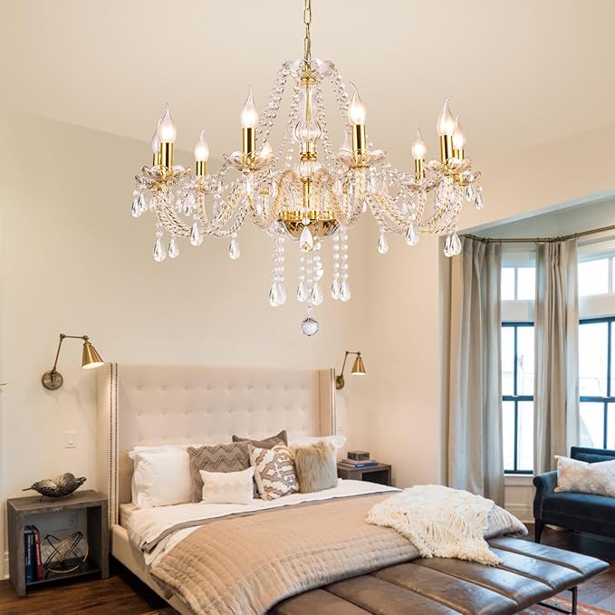 Modern Elegant 10 Lights K9 Crystal Glass Chandelier Golden Pendant Ceiling Lighting European Style for Dining Living Room Bedroom Transparent, 10 E12 Bulbs Required