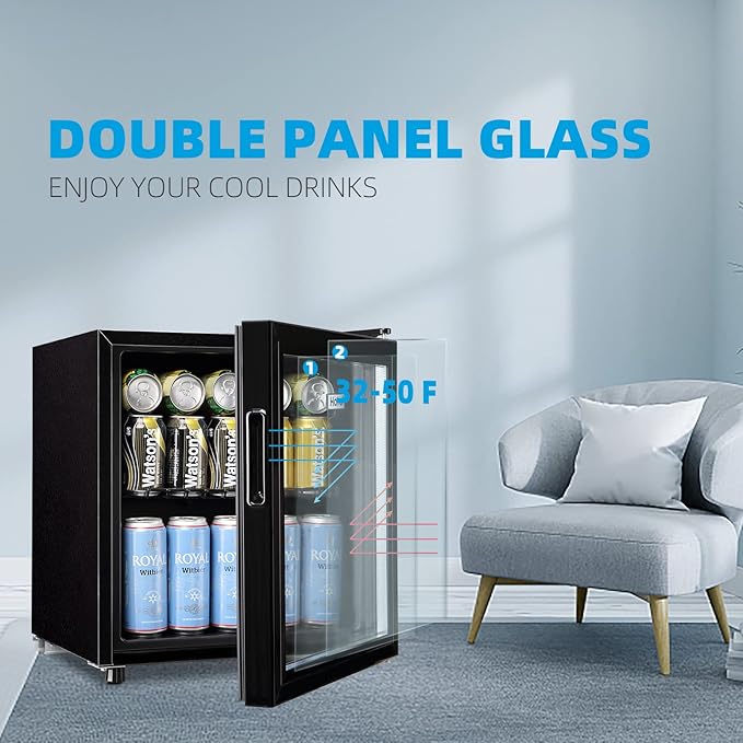 WANAI Mini Fridge Cooler 60Cans Beverage Refrigerator Glass Door Beverage Cooler for Beers Wine Juicer Adjustable Shelves LED Lights for Home, Office or Bar