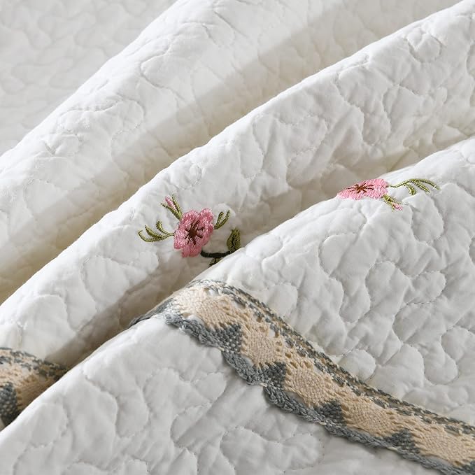 MarCielo 3-Piece 100% Cotton Oversized Bedspread Lightweight Quilt Coverlet Embroidery Farmhouse Bedding Set (Sakura White, Oversized Queen (100"x106"))